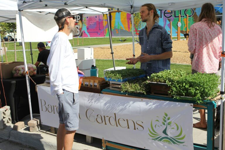 Vendors and shoppers interact at an outdoor farmers market booth displaying trays of fresh microgreens, with a colorful mural in the background.